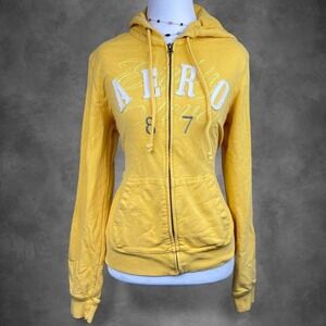 VTG Y2K Aeropostale Zip Hoodie Yellow Preppy Women's Medium McBling Embroidered